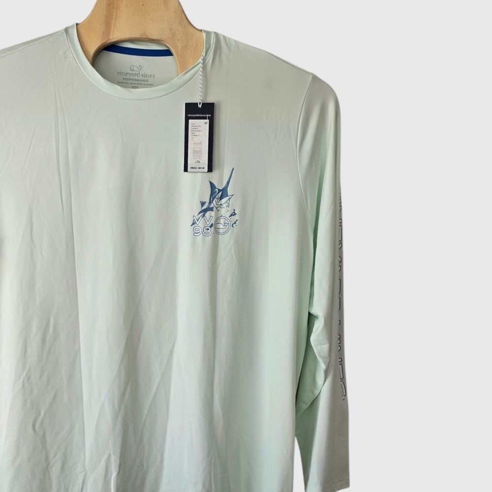Vineyard Vines Performance Multi Fish LS Harbor Tee Aqua Glass XXL 1V024447-405